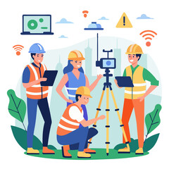 Poster - A surveying team gathers site data using GPS tools in an urban area. Team members collaborate with devices to ensure accurate measurements and assessments