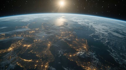 Wall Mural - Stunning Aerial View of Earth with Sunlight and City Lights at Night