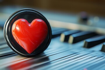 Poster - Red Heart Shaped Button on Black Circle Piano Keys Musical Instrument Romantic Love Valentine Day Theme Shiny Glossy Texture Digital Art Graphic Design Element 