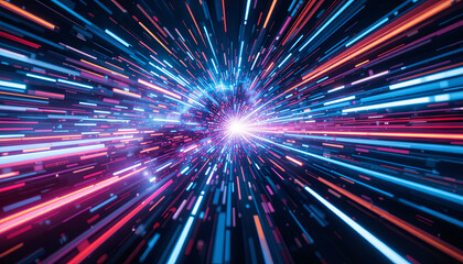Aufkleber - Vivid streaks of light in blue, pink, and purple create a dynamic illusion of motion through a cosmic tunnel. The bright center suggests a journey through space or time