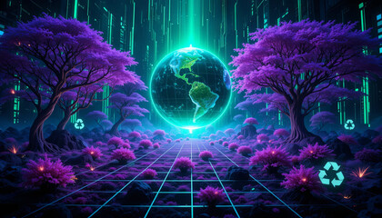 Fototapete - This artwork showcases a captivating futuristic environment with a glowing Earth in the center. Purple trees and luminescent plants fill the landscape, creating a surreal atmosphere