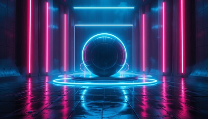 Poster - A high-tech space features a glowing orb surrounded by vibrant neon lights. The reflective floor enhances the atmosphere, creating a striking visual effect
