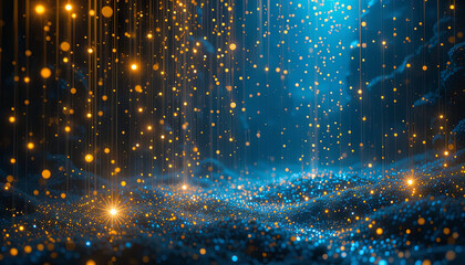 Poster - A cascade of shimmering particles fills the air, illuminated by a soft blue glow, creating a fantasy-like atmosphere. The scene captures the enchanting beauty of a nighttime wonderland
