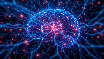 Poster - A vibrant visualization highlights the complex network of brain synapses and neural connections. Bright colors illuminate pathways and signal activity within the brain's structure
