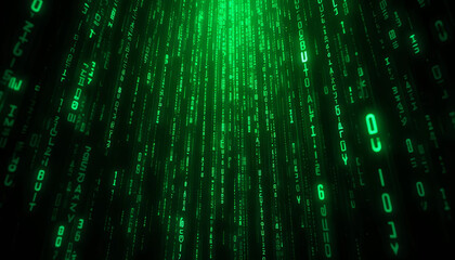 Poster - Light streams of green code cascade down a dark backdrop, creating a mesmerizing visual that suggests a digital or virtual environment. The vibrant symbols give a sense of technology and innovation