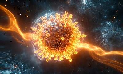 Wall Mural - Vibrant depiction of a fiery virus particle illuminated against a cosmic background, showcasing dynamic energy waves
