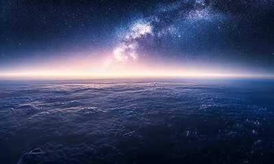 Wall Mural - A breathtaking view of the Milky Way galaxy over a serene ocean horizon at twilight, evoking a sense of wonder