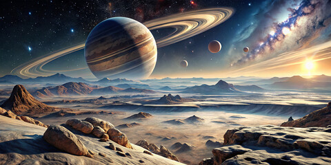 an alien landscape features rocky terrain and distant mountains illuminated by a warm sunset. majest
