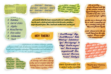 Wall Mural - ripped paper strips with handwritten text. realistic crumpled paper scraps with torn edges. shreds o