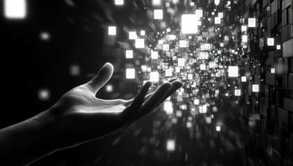 Hand holding data stream, dark background, digital future, technology concept