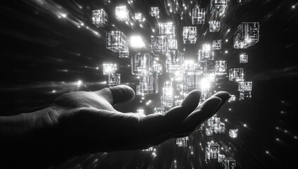 Hand holding glowing data cubes, dark space, innovation concept