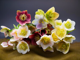 Wall Mural - Small hellebore flowers come in different shades of white, yellow, and even burgundy. These are early spring flowers.