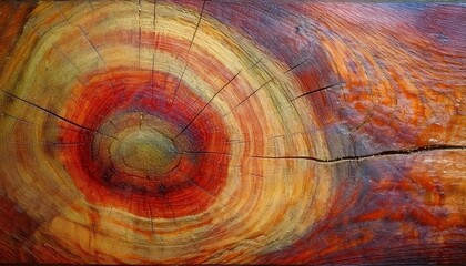 Poster - vivid abstract depiction of tree rings with bold red and yellow tones, capturing wood grain texture and natural cracks for artistic design


