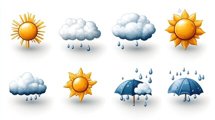 weather icons depicting sun, clouds, rain, and umbrellas for visual representation of weather condit