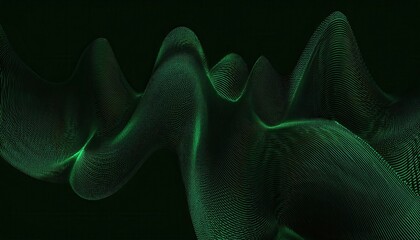 Poster - dynamic green particle wave in dark space, digital flowing motion, abstract energy pattern for technology or design themes