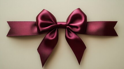 Wall Mural - Elegant maroon ribbon bow arranged on a soft beige backdrop for a refined decorative touch in gift presentation