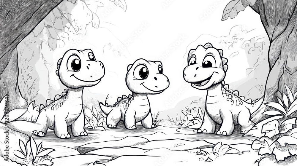 Fun and imaginative coloring page featuring three adorable dinosaurs in ...