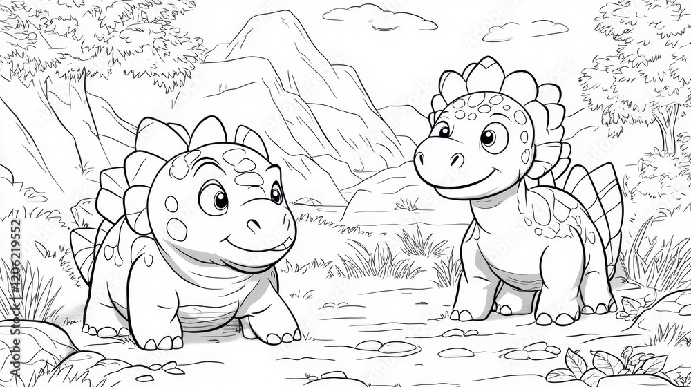 Coloring page featuring two playful dinosaurs in a scenic prehistoric ...
