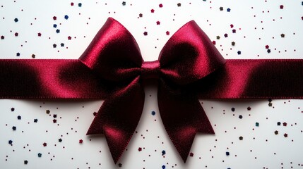 Wall Mural - Elegant red ribbon bow adorned with colorful glitter, perfect for special celebrations and gift wrapping in festive moments