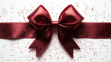 Wall Mural - Festive red ribbon with sparkling bow adorns a gift, creating an elegant and celebratory atmosphere for any special occasion