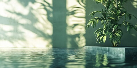 Wall Mural - Potted tropical plant casting shadows on a swimming pool wall in a luxurious setting