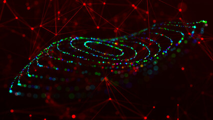 Poster - Futuristic dotted, circular particle wave. Sound waves visualization. Dark background. Technology or science banner. Abstract colorful digital 3D wave.