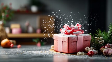 Wall Mural - Pink Gift Box Gleams Softly Under Festive Winter Light. AI Generated