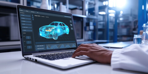 Poster - electric car design software on computer screen showing simulation blueprint brisk by digital calcul