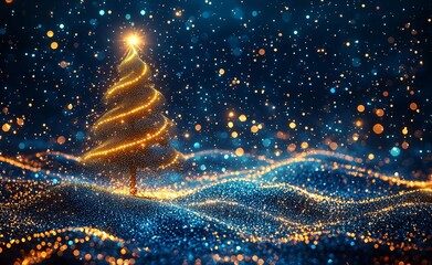 Poster - A breathtaking digital portrayal of a blue Christmas tree shining in a starry landscape