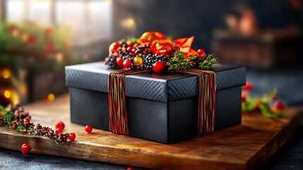 Wall Mural - Elegantly Wrapped Gift Box Warm Festive Lighting. AI Generated