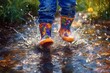 © olegganko - Colorful rain boots splashing in a shiny creek on a sunny day