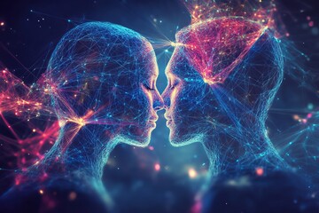 Poster - Abstract Digital Art Romantic Couple Connection Network Lines Vibrant Colorful Glowing Energy Futuristic Design Modern Illustration Love Relationship Concept Digital     