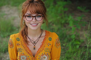 Smiling Woman in Yellow Dress with Glasses in Outdoor Setting