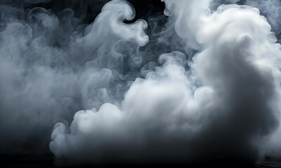 Wall Mural - Dense white smoke swirling dramatically against a dark background, creating a mysterious atmosphere for artistic use