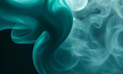 Wall Mural - Ethereal teal smoke swirling gracefully against a dark background, creating a sense of mystery and calm
