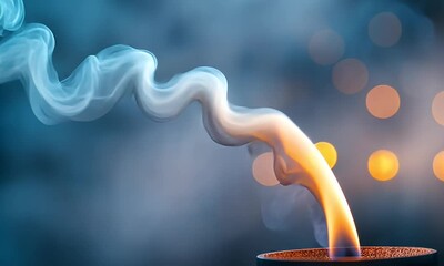 Wall Mural - A mesmerizing close-up of vibrant flames curling upward with smoke against a dreamy blue background filled with soft bokeh lights