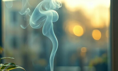 Wall Mural - Ethereal smoke swirling gracefully in a sunlit room, with blurred urban background and soft bokeh effect