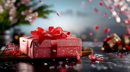 Wall Mural - Romantic Red Gift Box Softly Lit Festive Scene. AI Generated