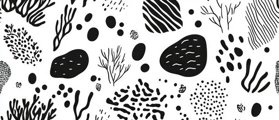 Poster - organic black ink patterns on smooth white background create a seamless design