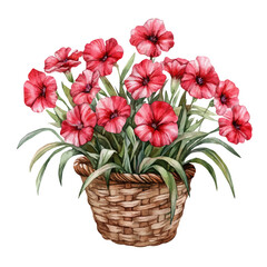 Sticker - A watercolor vector of a Sweet William bouquet in a basket, isolated on a white background. Sweet William bouquet in a basket vector.
