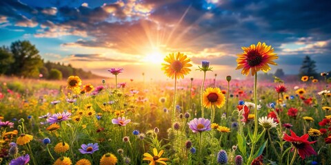 Wall Mural - Miniature Meadow: Vibrant Wildflower Field in Summer, Tilt-Shift Photography