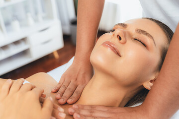 caucasian woman customer enjoying relaxing anti-stress spa massage and pampering with beauty skin re