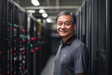 Poster - Smiling Asian Man IT Professional Server Room Data Center Technology Expert Portrait web dark gray happy cloud black light system future growth modern network digital    