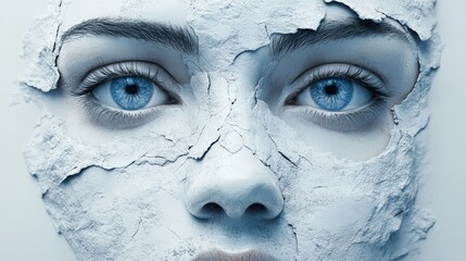 Wall Mural - A woman's face is covered in white paint, with blue eyes