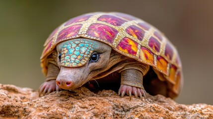 Colorful armadillo on rock, blurred background, nature wildlife