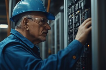 Poster - Experienced Senior Technician Working on Industrial Server Rack Maintenance and Repair Blue Collar Worker in Safety Gear Carefully Inspecting Complex Electrical Equipment