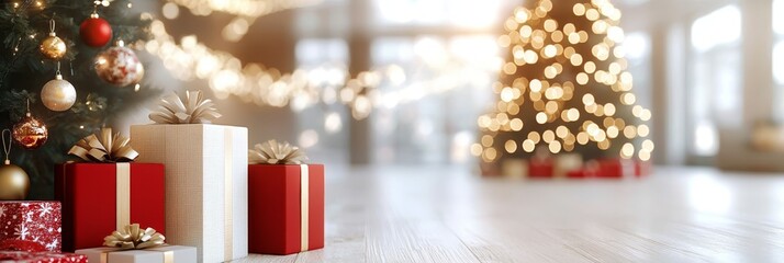 Blurred Christmas interior with decorated trees and elegant gift boxes on a wooden floor.