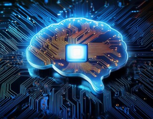 Poster - intricate circuit board with illuminated brain symbol representing artificial intelligence technolog