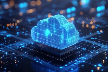 Poster - Abstract Digital Cloud Computing Network Technology Data Server Blue glowing digital cloud symbol on a futuristic circuit board High tech background illustration web grid