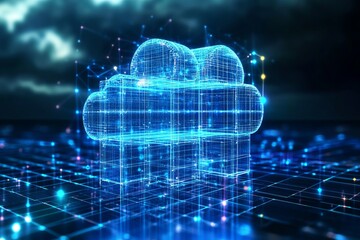 Poster - Abstract Digital Cloud Computing Network Data Structure Blue Glowing Lines Modern Technology Futuristic Innovation Digitalization Global Connection Powerful Server       